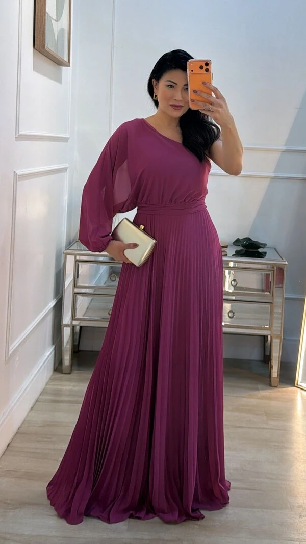 Vestido Longo Plissado Carla Manga Única Com Cinto Faixa