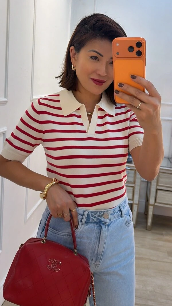 Blusa Polo Tricot Listrada Marcela Mangas Curtas