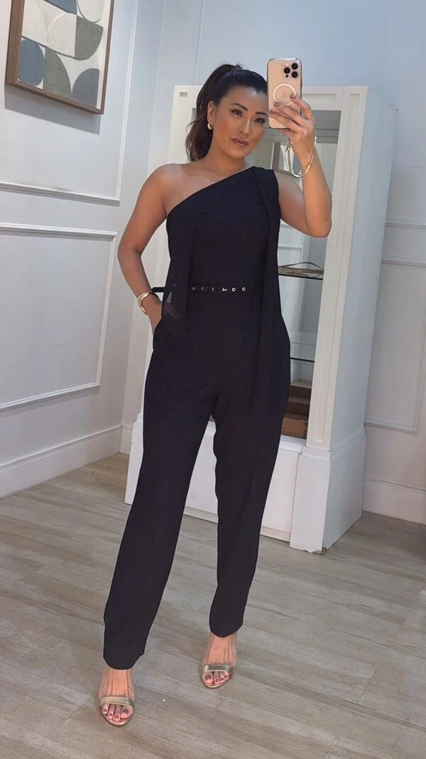 Macacão Twill Ombro Único Detalhe Em Chiffon Mary Cinto Fino