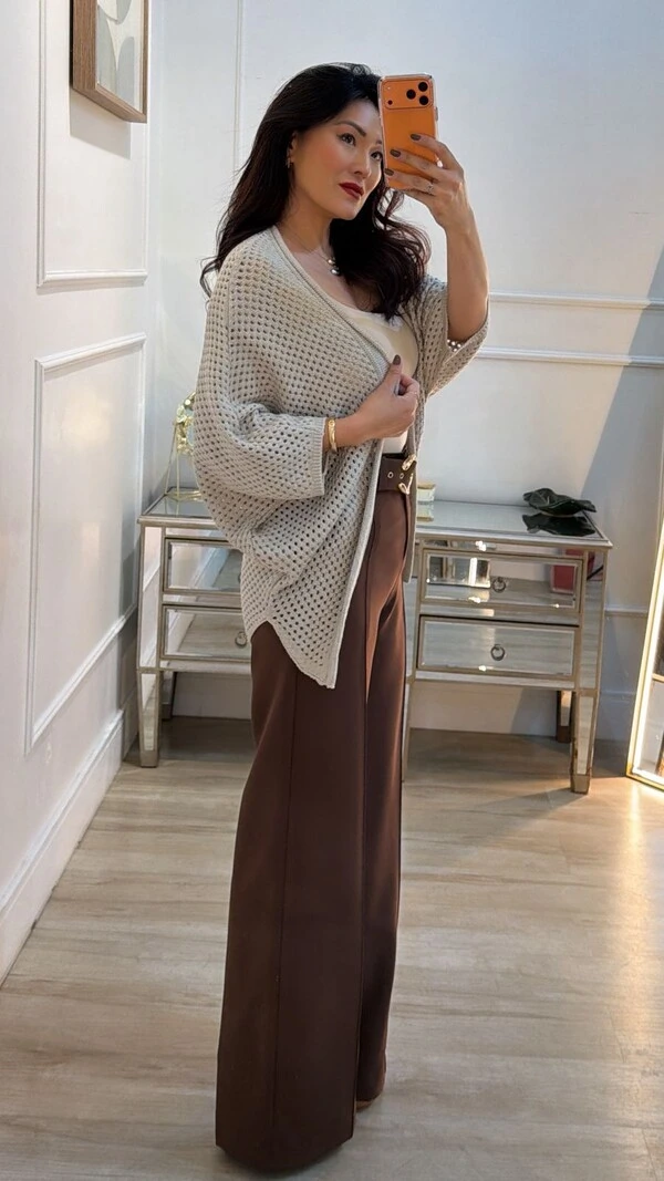 Kimono Tricot Vazado Ashley Mangas 3/4 Punhos Canelados