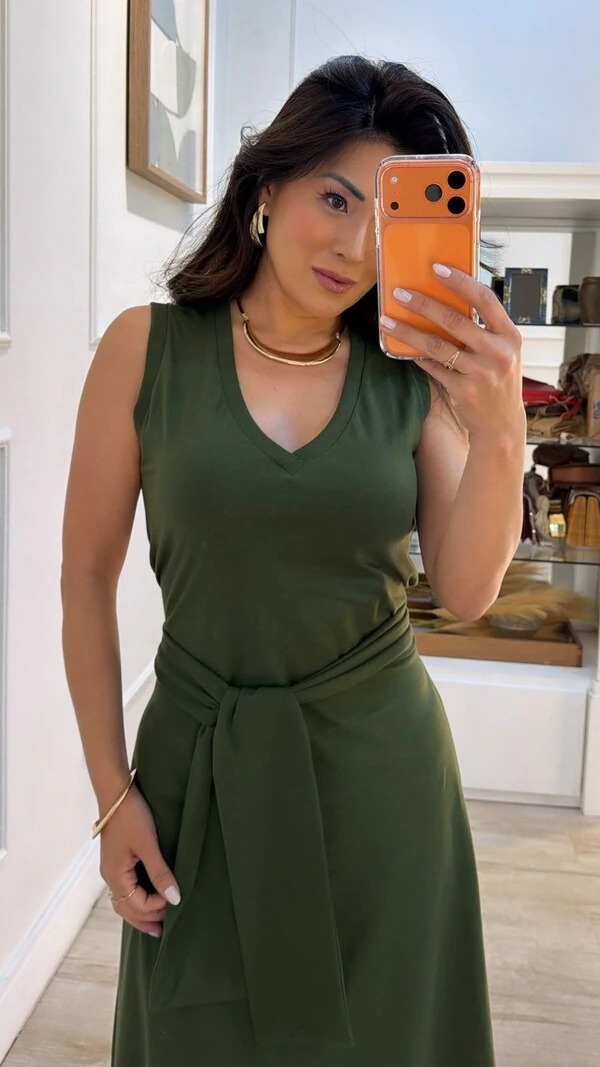 Vestido Longo Malha Decote V Marcela Cinto Faixa Fixo Com Amarração