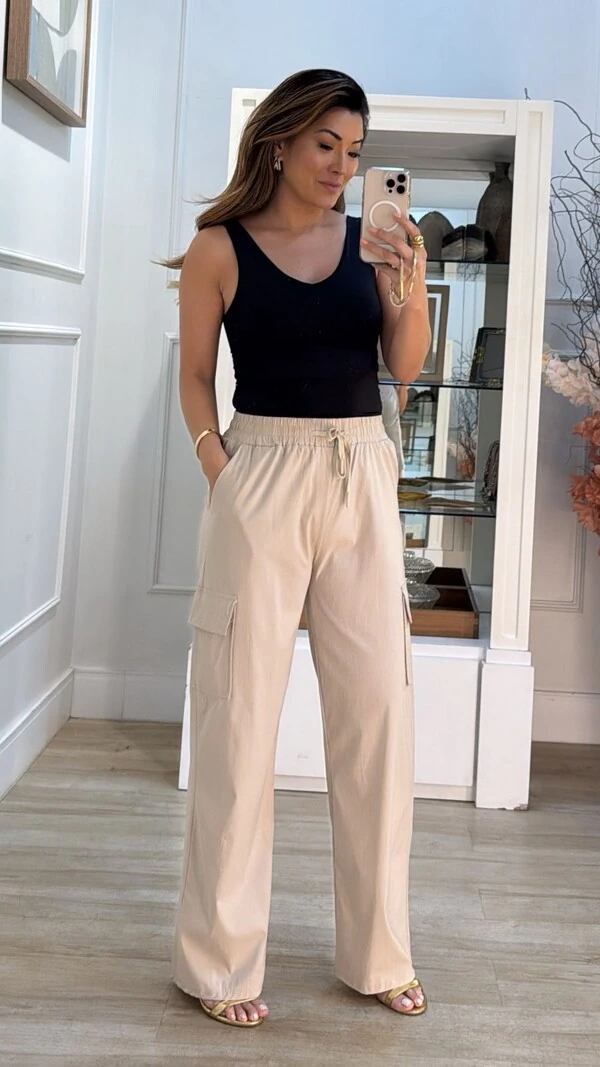 Calça Pantalona Cargo Thamires Pala Larga Com Amarração Frontal