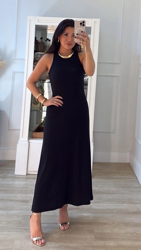 Vestido Midi Cavado Canelado Pamela Detalhe Drapeado