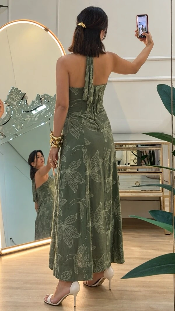 Vestido Midi Bordado Frente Única Marcia Amarração Posterior