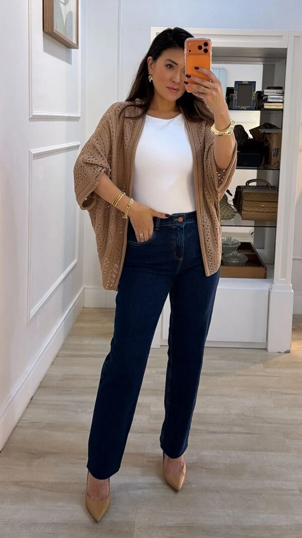 PRÉ-VENDA DATA ESTIMADA DE ENVIO 21/03 Kimono Tricot Vazado Fabi Mangas 3/4