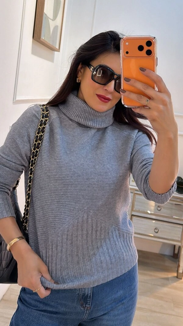 Blusa Tricot Gola Rolê Sandra Nervuras Caneladas Na Horizontal