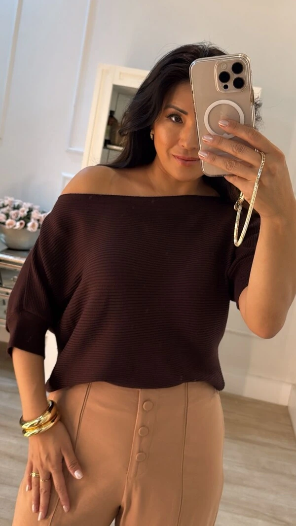 Blusa Tricot Amplo Canelados Horizontais Heloize Mangas 3/4 Com Punhos