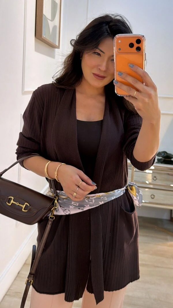 Maxi Cardigan Tricot Canelado Pandora Bolsos Frontais