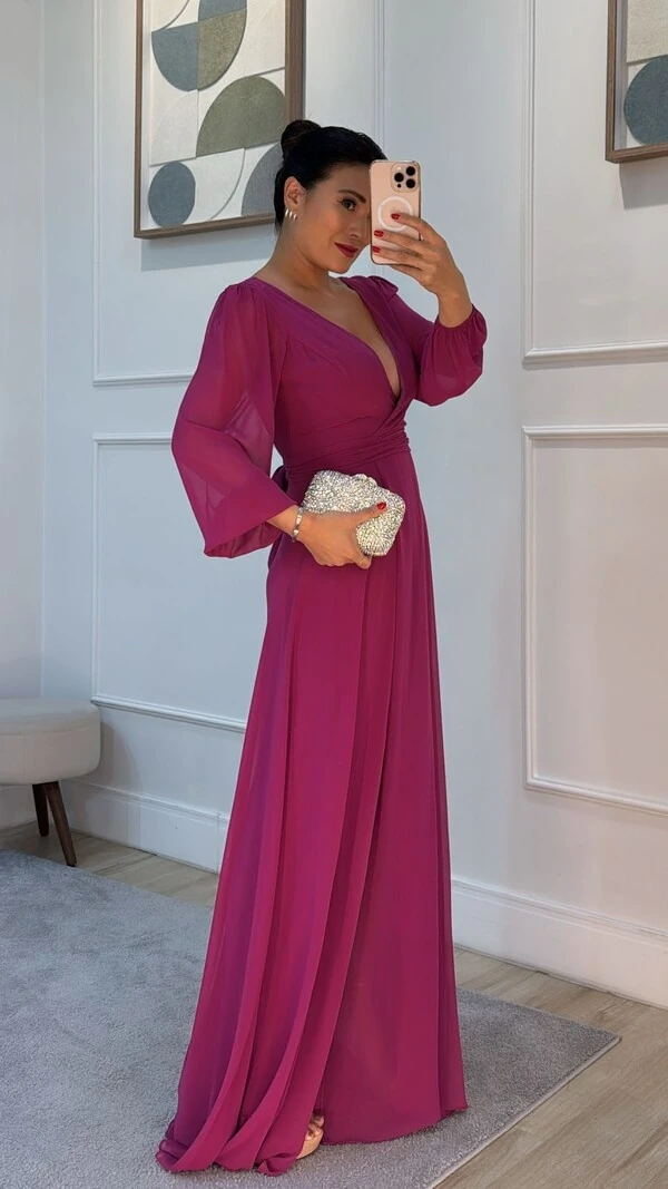 Vestido Longo Decote V Transpassado Sophia Fenda Frontal Com Cinto Faixa