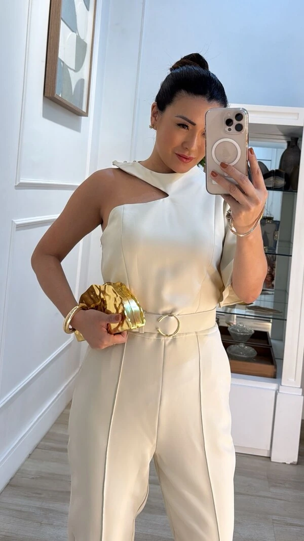 Macacão Alfaiataria Manga Única Vicky Cinto Encapado