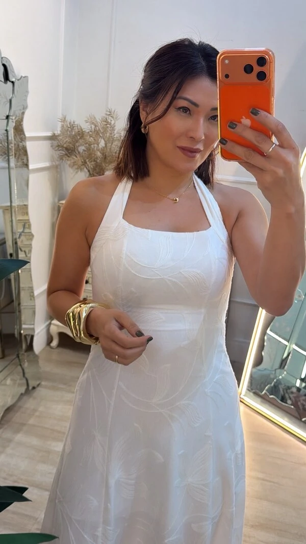 Vestido Midi Bordado Frente Única Marcia Amarração Posterior