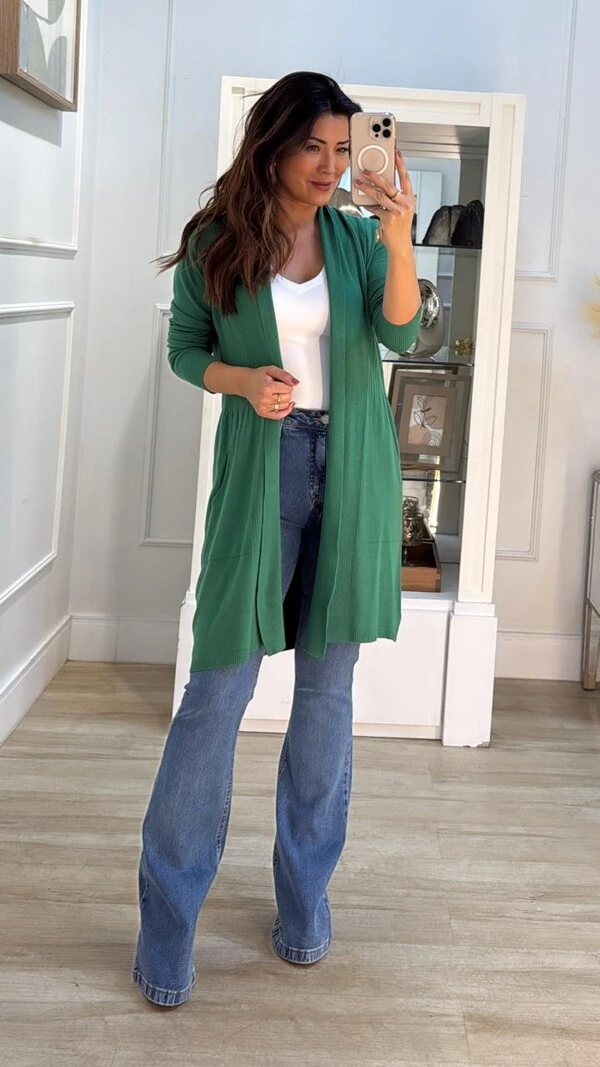 Maxi Cardigan Tricot Denise Bolsos E Nervuras Caneladas Frontais