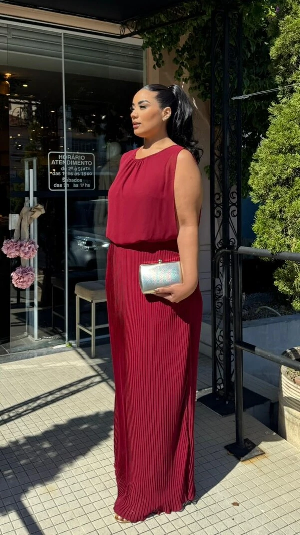 Vestido Longo Blusado Crepe Decote Canoa Com Detalhe Franzido Grace Saia Plissada