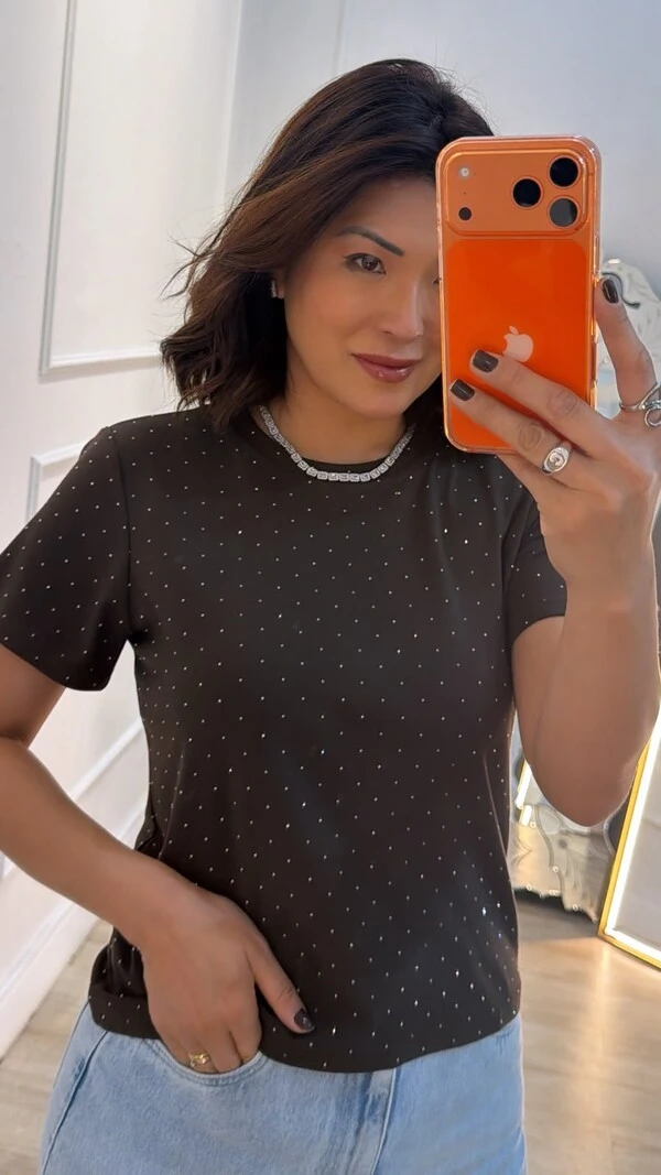 Camiseta De Malha Shine Com Strass Hotfix