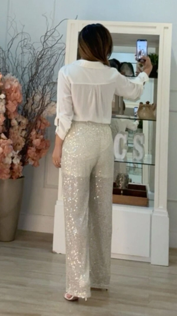 Calça Pantalona Paetê Cindy Pala Larga