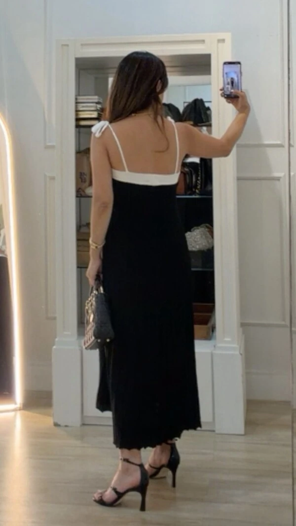 Vestido Tricot Midi Decote Reto Kate Amarração Nos Ombros