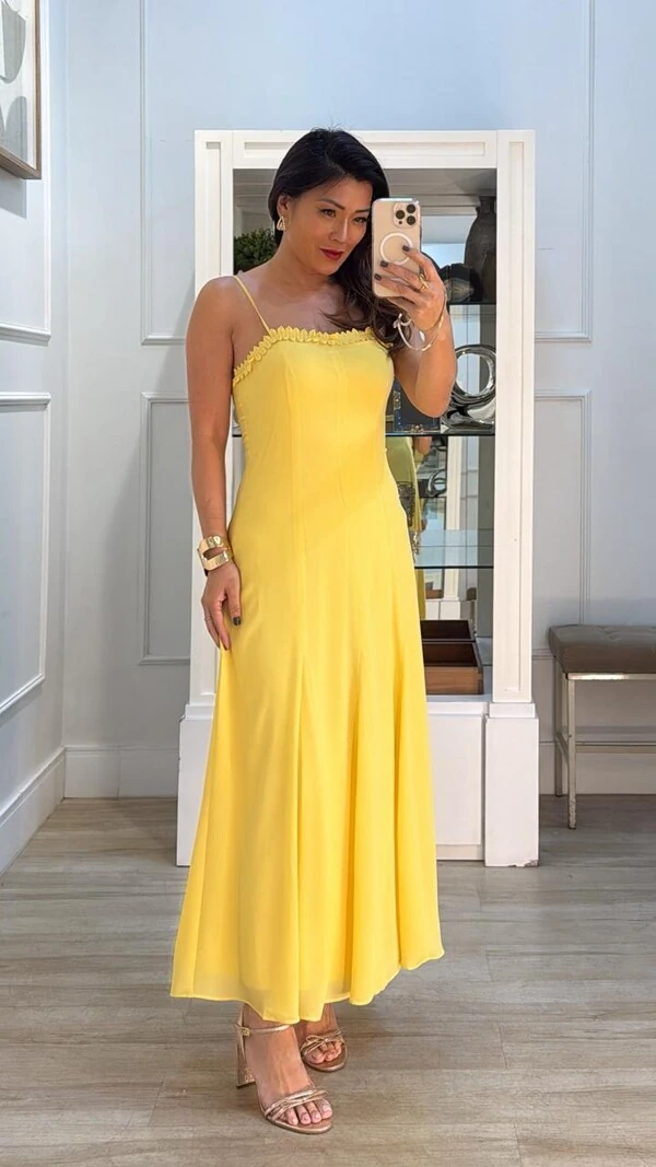 Vestido Chiffon Alças Finas Júlia Decote Coração Com Detalhe