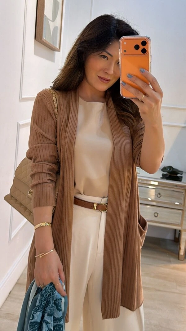 Maxi Cardigan Tricot Canelado Pandora Bolsos Frontais