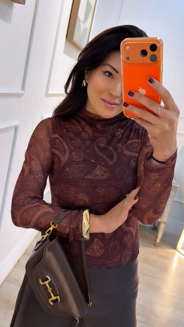 Blusa Tule Estampa Cashmere Daniela Mangas Longas