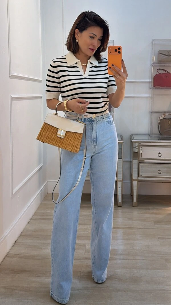 Blusa Polo Tricot Listrada Marcela Mangas Curtas