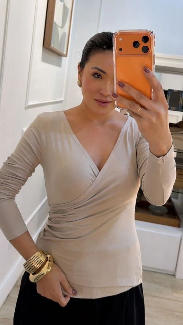 Blusa De Malha Decote V Transpassado Lina Mangas Longas