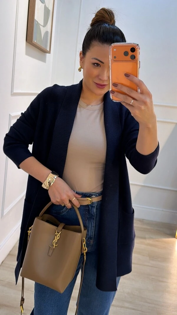 Cardigan Tricot Melina Detalhe Canelado E Bolsos Quadrados