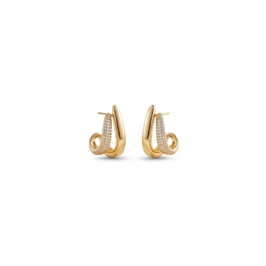 Foto Brinco Curvo Duas Voltas Lisa e Zircônias | Banho de Ouro 18k | 2,2x1cm