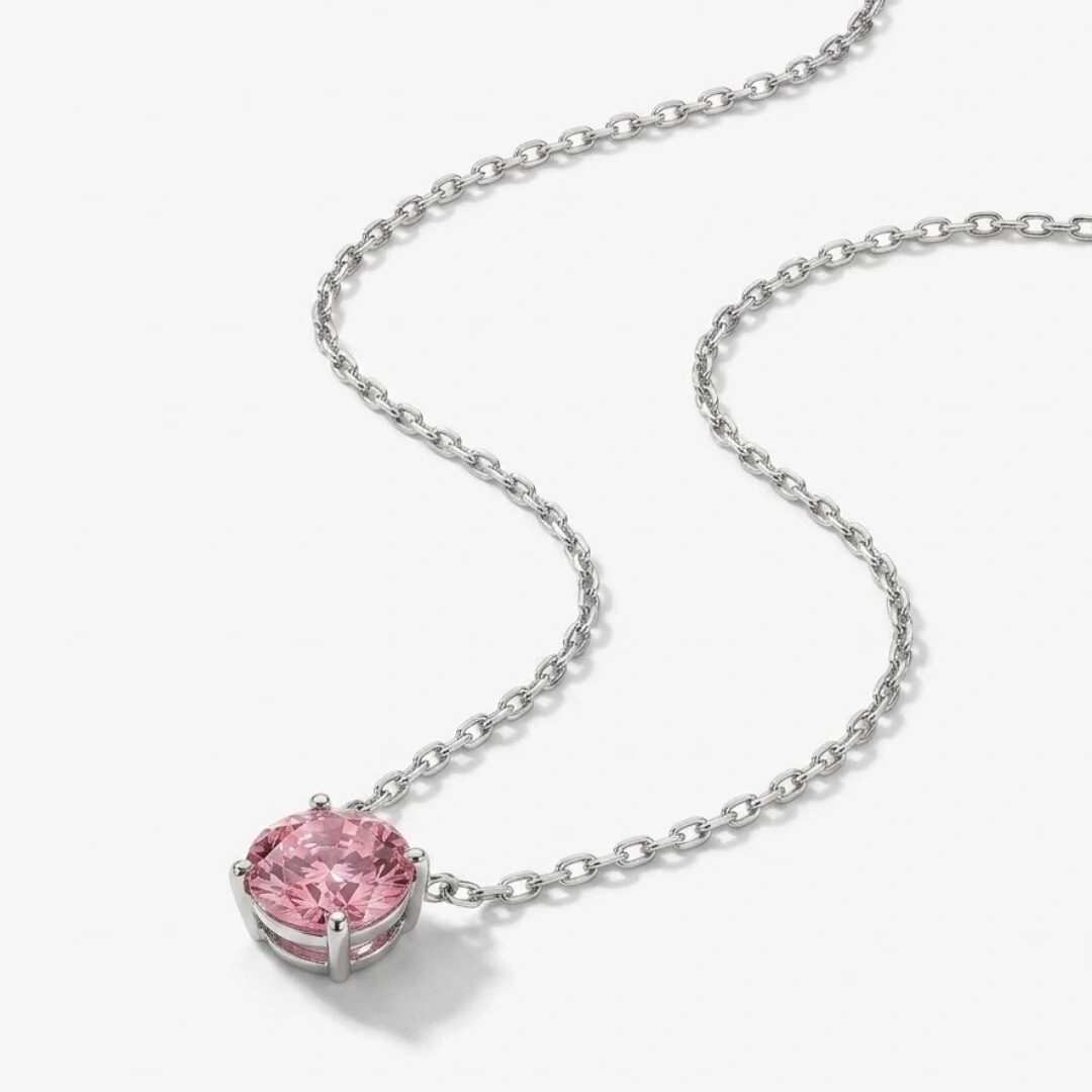 Foto Colar Solitário Zircônia Rodolita Redonda | Prata 925 com Ródio | 1 cm | Regula 40–50 cm