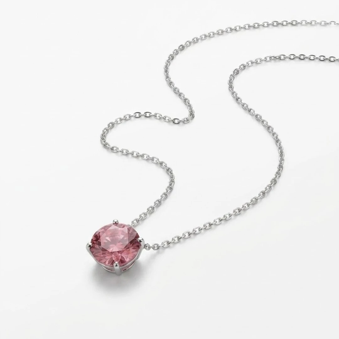 Foto Colar Solitário Zircônia Rodolita Redonda P | Prata 925 com Ródio | 0,8 cm | Regula 40–50 cm