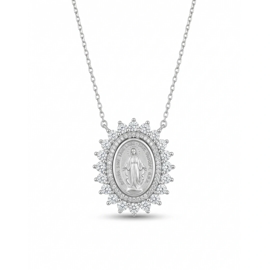 FotoColar Nossa Senhora das Graças Halo Zircônias | Prata 925 | 40+5cm | Pingente 2,8x2,3cm