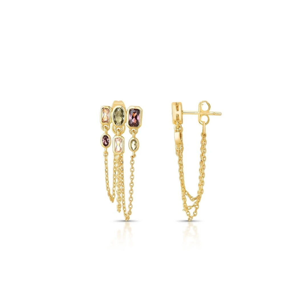Foto Brinco Ear Cuff Zircônias Coloridas Lapidação Inglesa com Correntes Banho de Ouro 18k