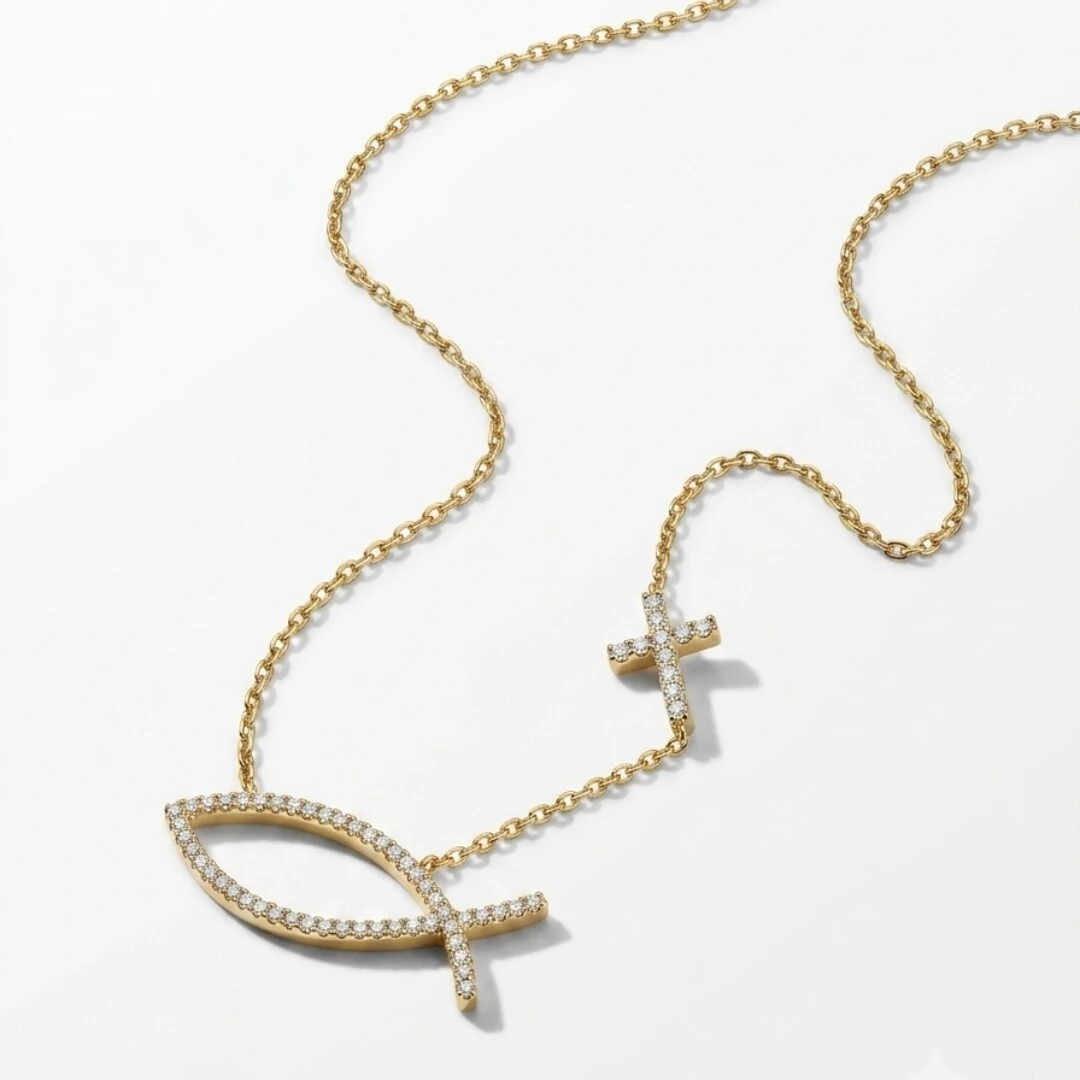 Foto Colar Ichthys com Cruz e Zircônias Brancas | Liga Metálica Banho Ouro 18k | 50 cm