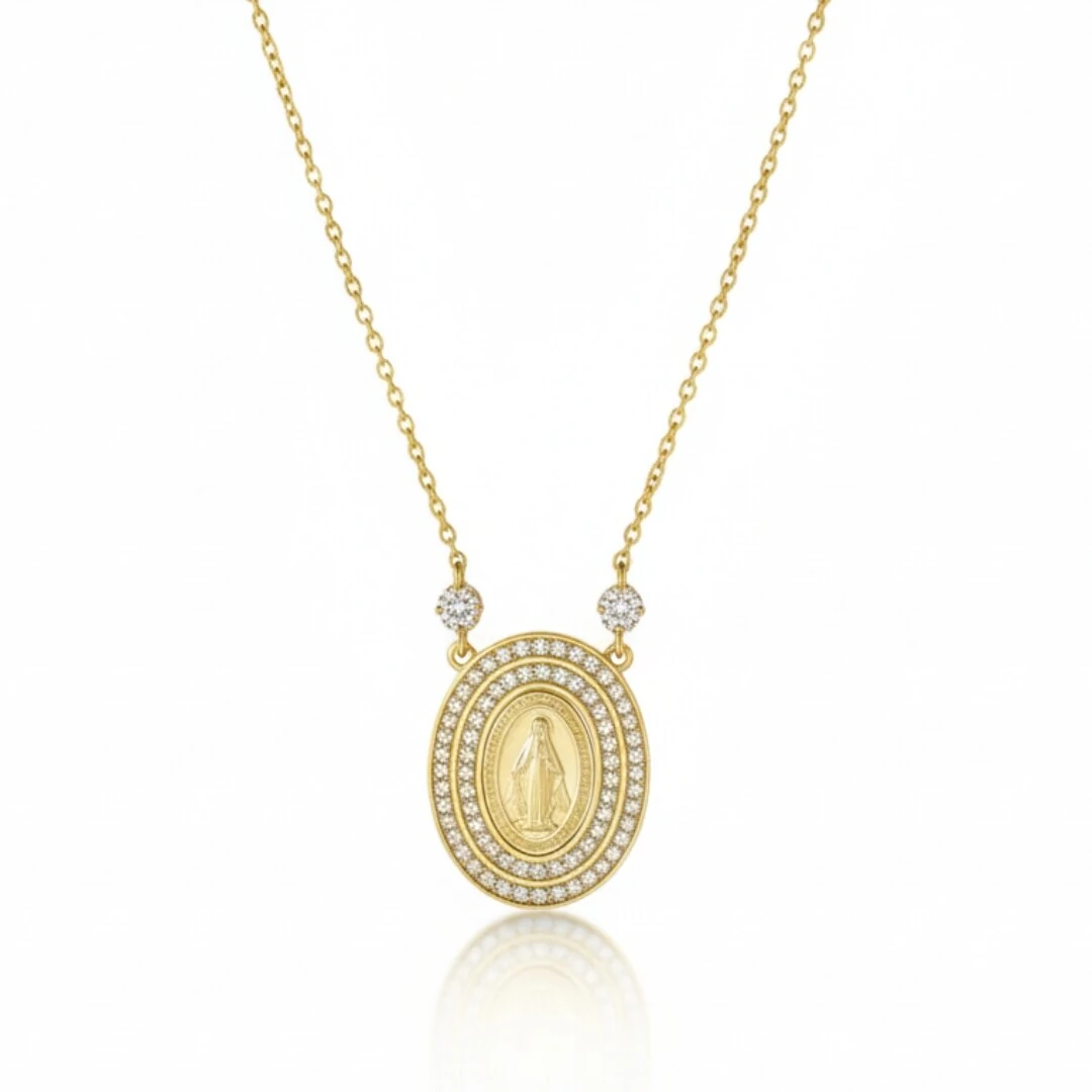 FotoColar Nossa Senhora das Graças Oval Prata com Banho de Ouro 18 K