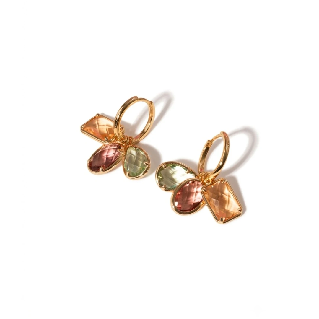 Foto Brinco Argola com Charms Cristais Rodolita, Citrino e Peridoto | Liga Metálica Banho Ouro 18k