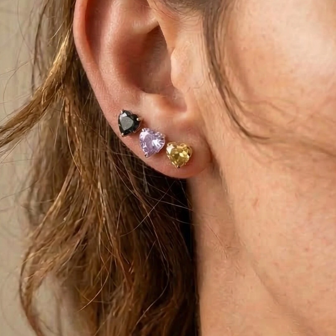 FotoTrio de Brincos Lapidação Coração Ródio Branco