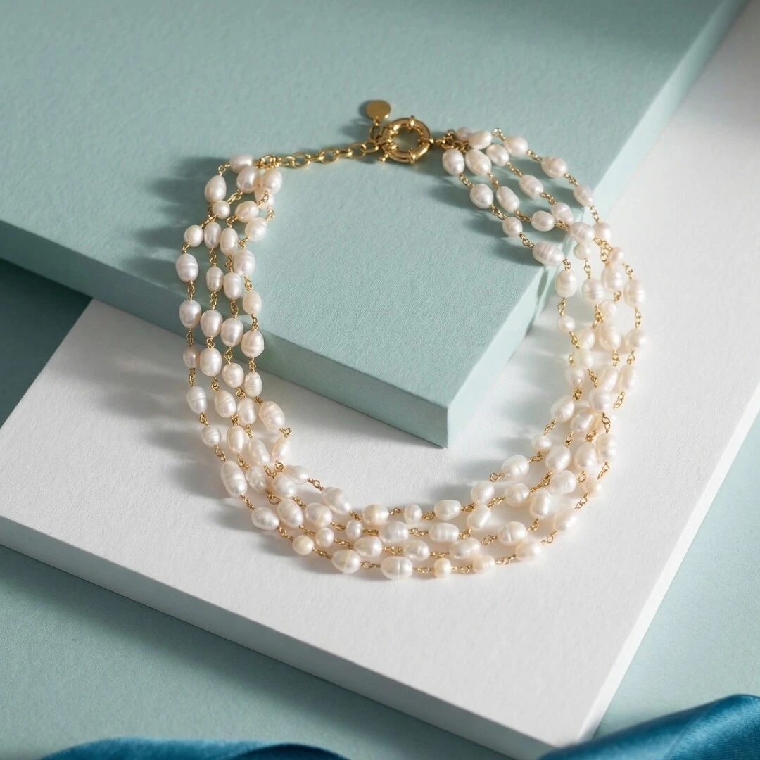 FotoColar 4 Fios Pérola de Água Doce | Banho de Ouro 18k | Regulável 40–45cm