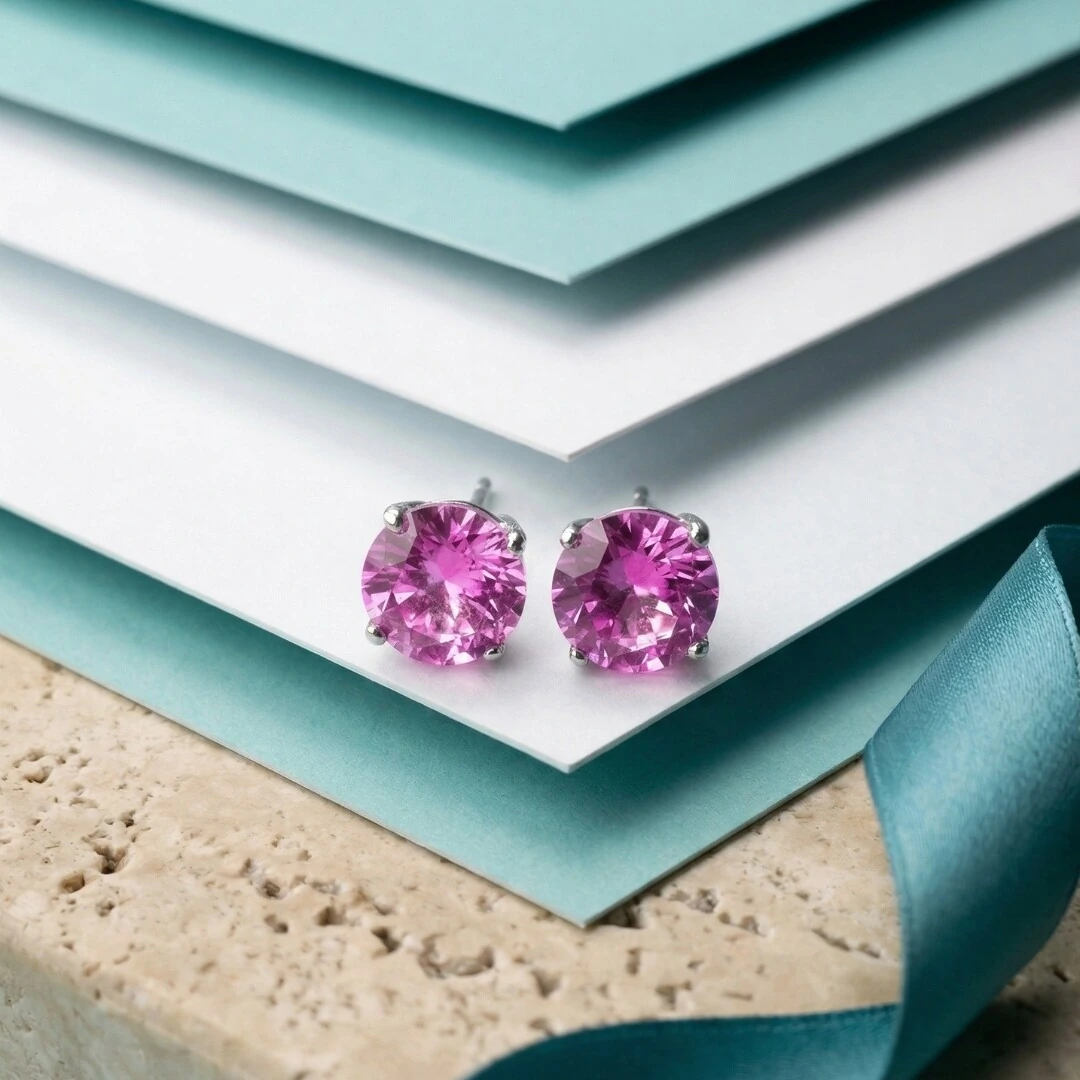 FotoBrinco Solitário 8 MM Turmalina Pink Prata 925