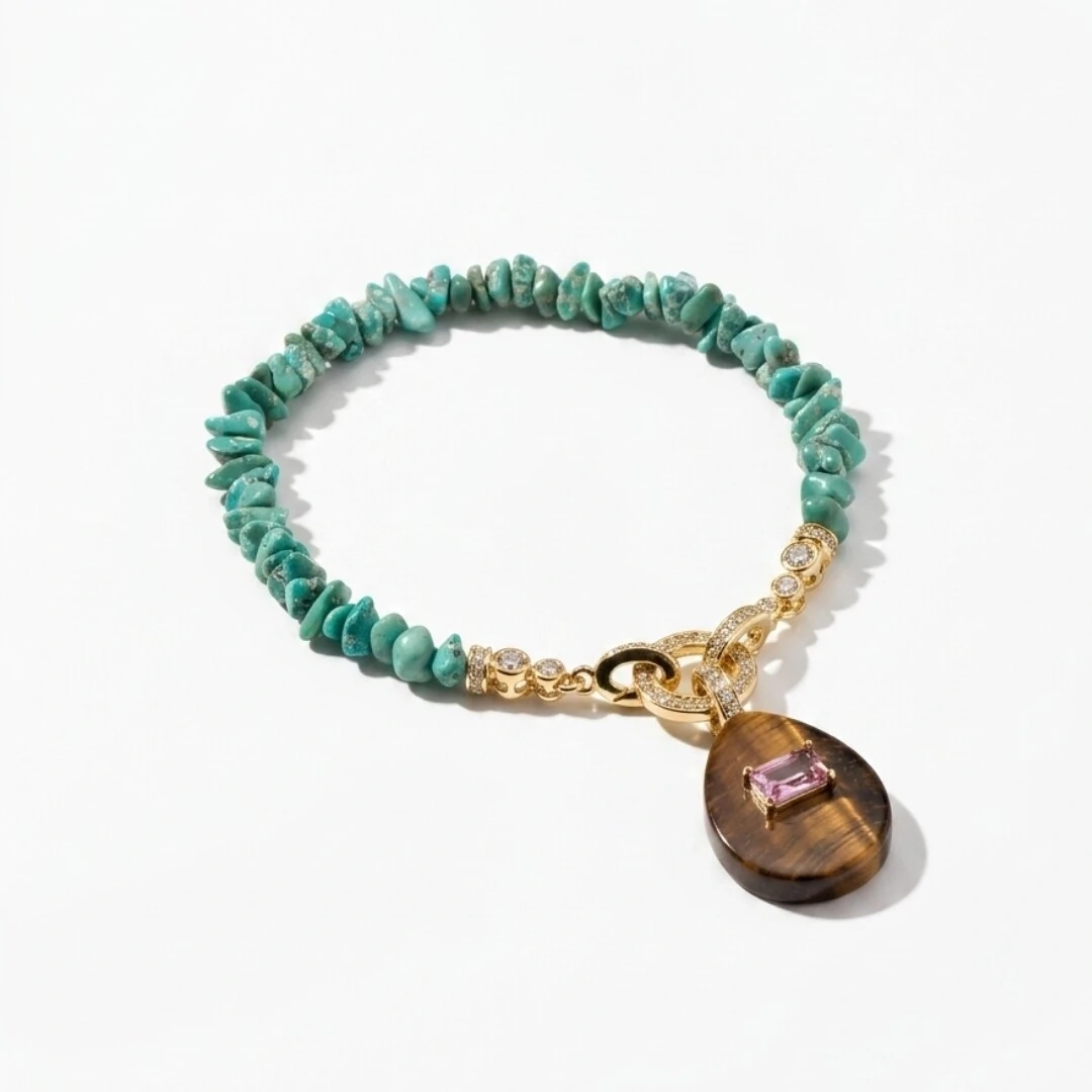 Foto Pulseira Handmade Raolita Turquesa com Gota Olho de Tigre e Zircônia Rosa | Liga Metálica Banho Ouro