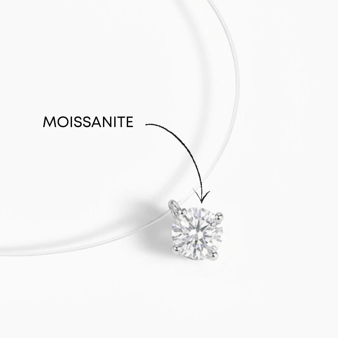 Foto Colar Fio de Nylon Solitário Moissanite Redondo G | Prata 925 com Ródio | 35 cm + Extensor