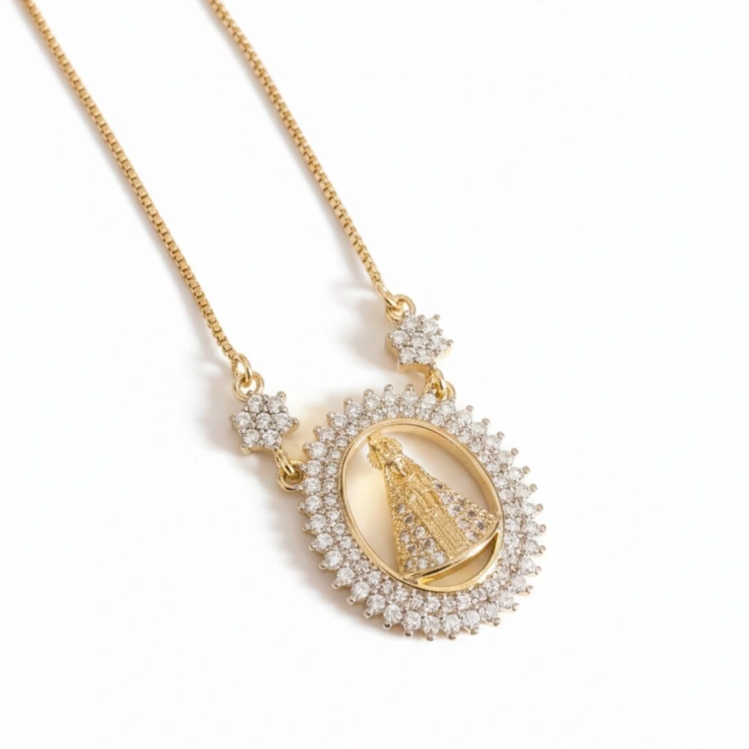 FotoColar Nossa Senhora Aparecida com Florzinhas Banho de Ouro 18K