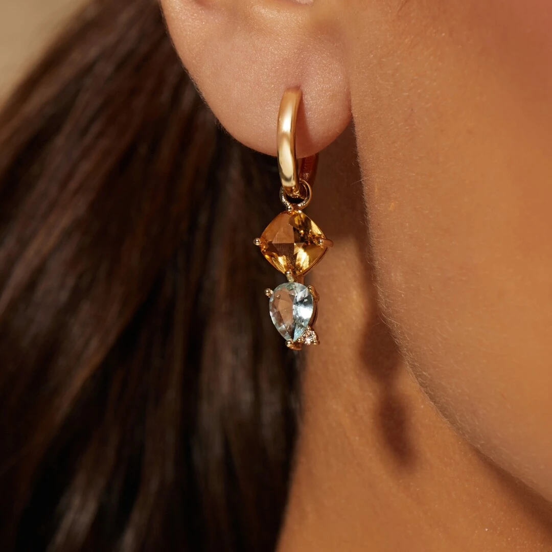 Foto Brinco Ear Bling Quadrado e Gota Topázio Azul, Citrino e Zircônia Champagne Banho de Ouro 18k