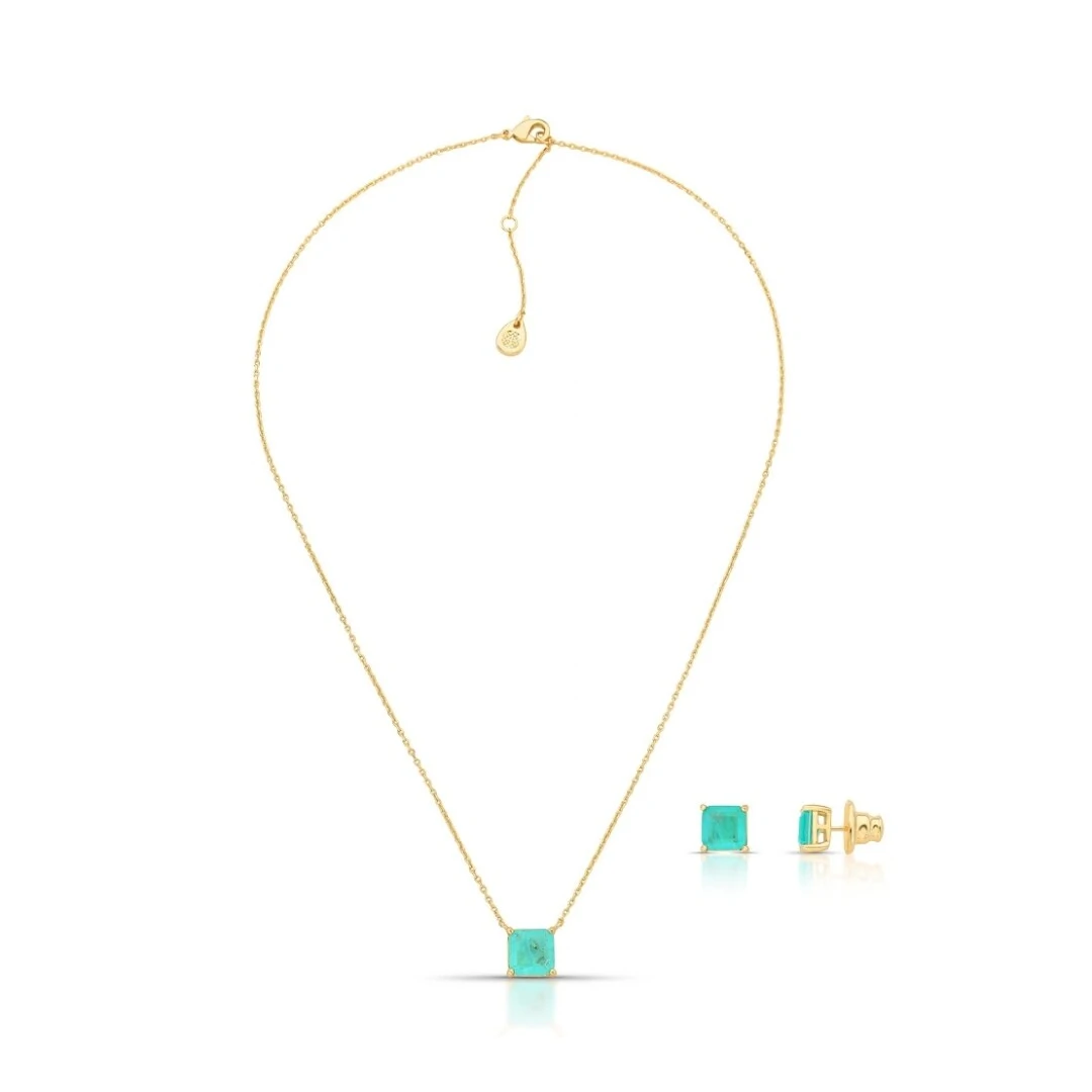 Foto Conjunto Colar e Brinco Cristal Verde Fusion Quadrado Pino Central Banho de Ouro 18k
