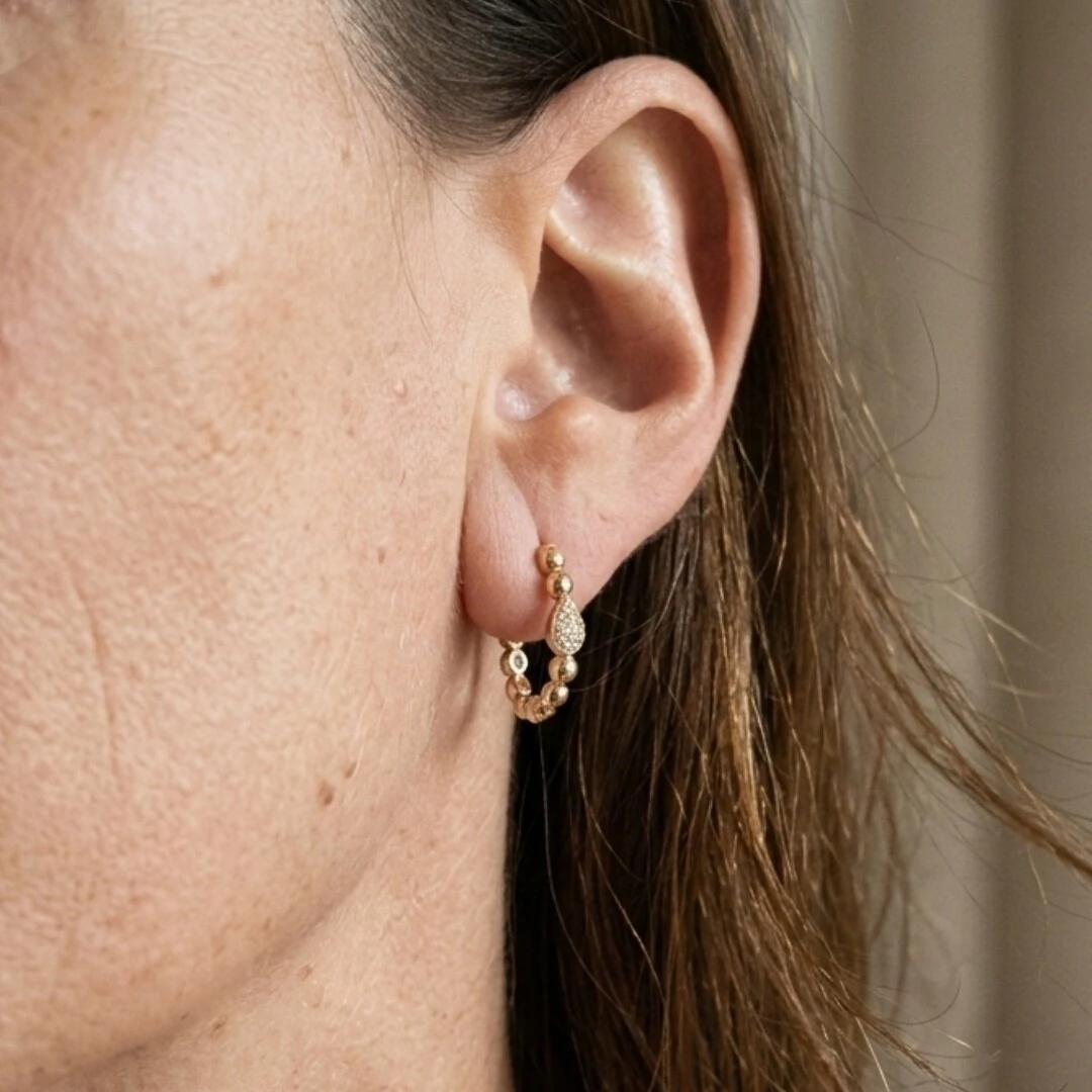 FotoArgola Bolinhas Gota Cravejada Prata com Banho de Ouro 18 K