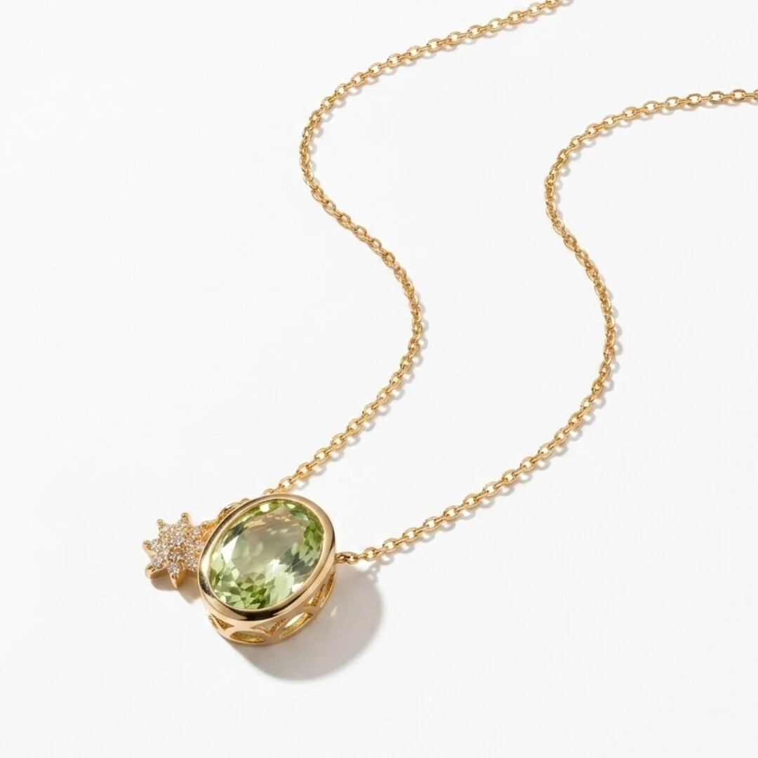 Foto Colar Cristal Berilo Oval com Estrela de Zircônias | Liga Metálica Banho Ouro 18k | 50 cm
