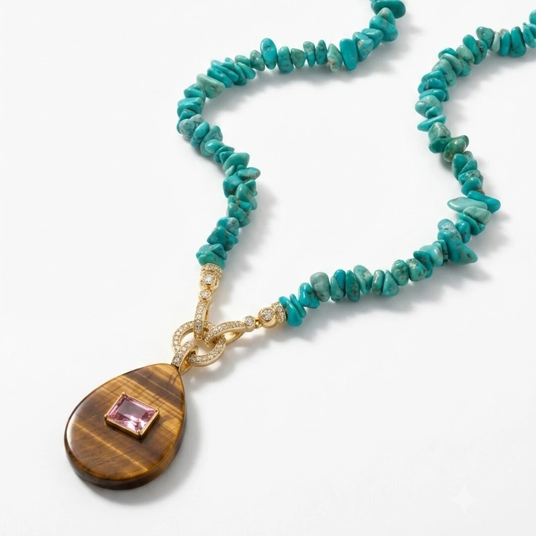 Foto Colar Handmade Raolita Turquesa com Gota Olho de Tigre e Zircônia Rosa | Liga Metálica Banho Ouro 18