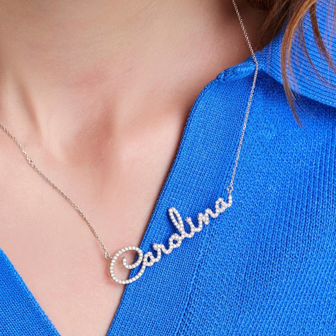 Foto Gargantilha de Moissanite Nome Personalizado até 10 Letras Prata Rodinada 40cm + 5cm