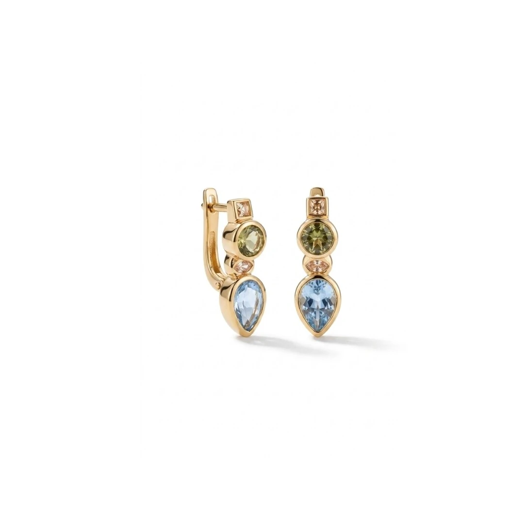 Foto Argola Ear Bling com Cristais London Blue, Peridoto e Morganita | Liga Metálica Banho Ouro 18k