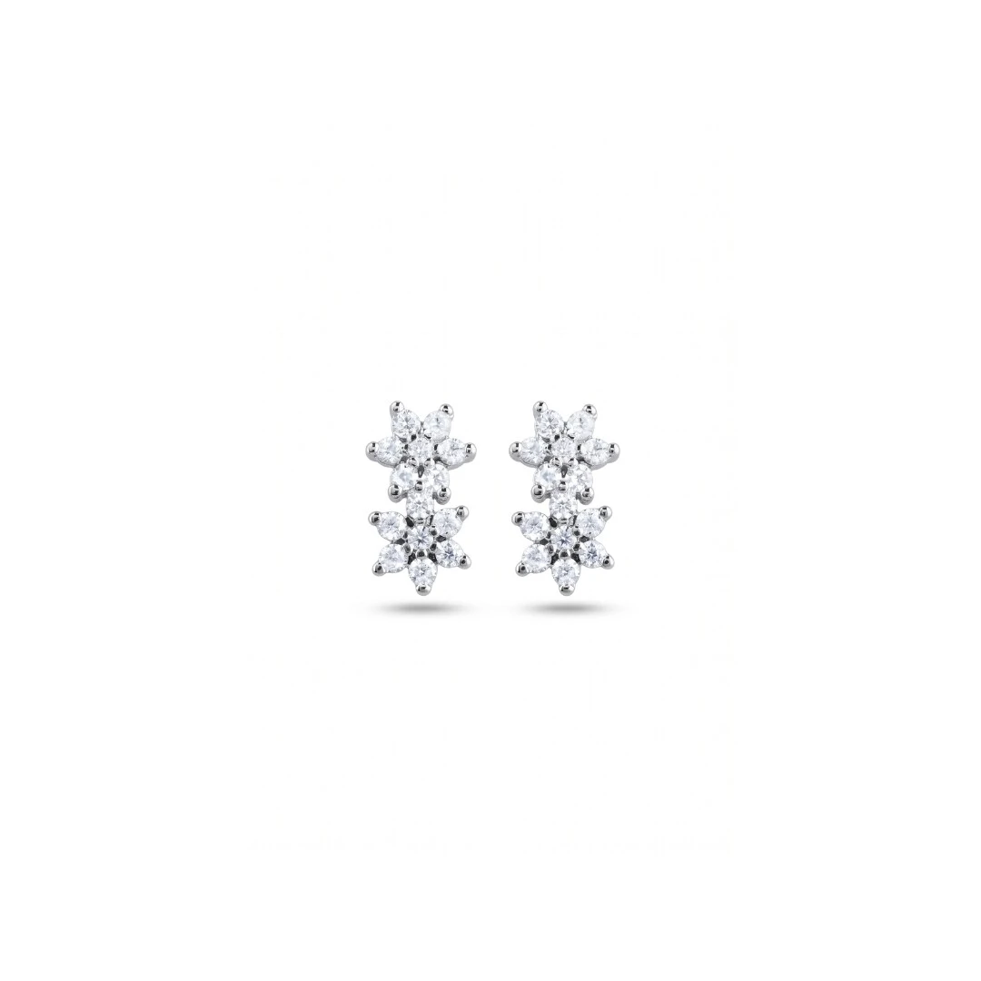 Foto Copiar Brinco Duo Flores Moissanite | Prata 925 com Ródio Branco | Certificado GRA | 1x0,5cm
