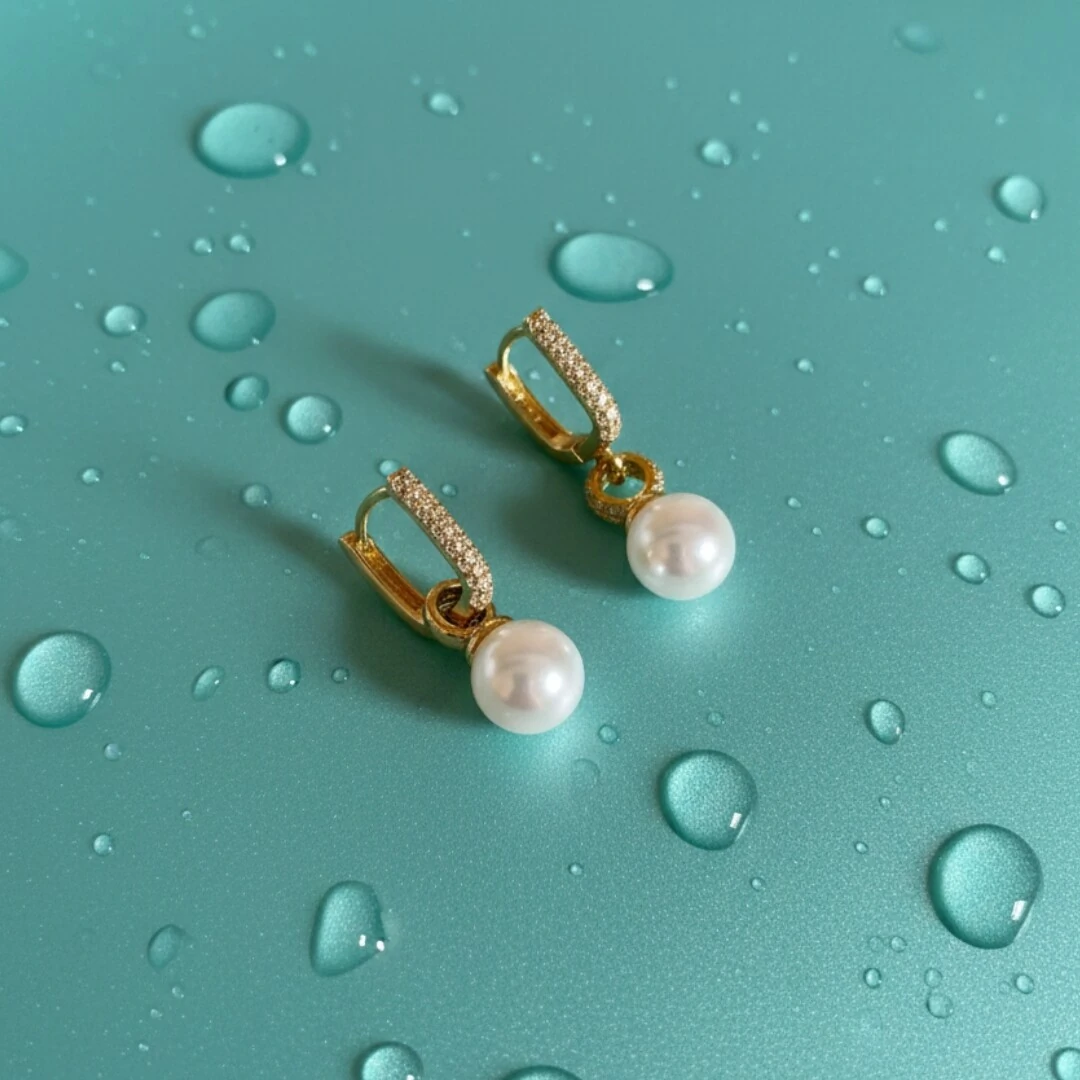 FotoArgola Retangular 2 em 1 Zircônias e Pérola Shell Banho de Ouro 18 K