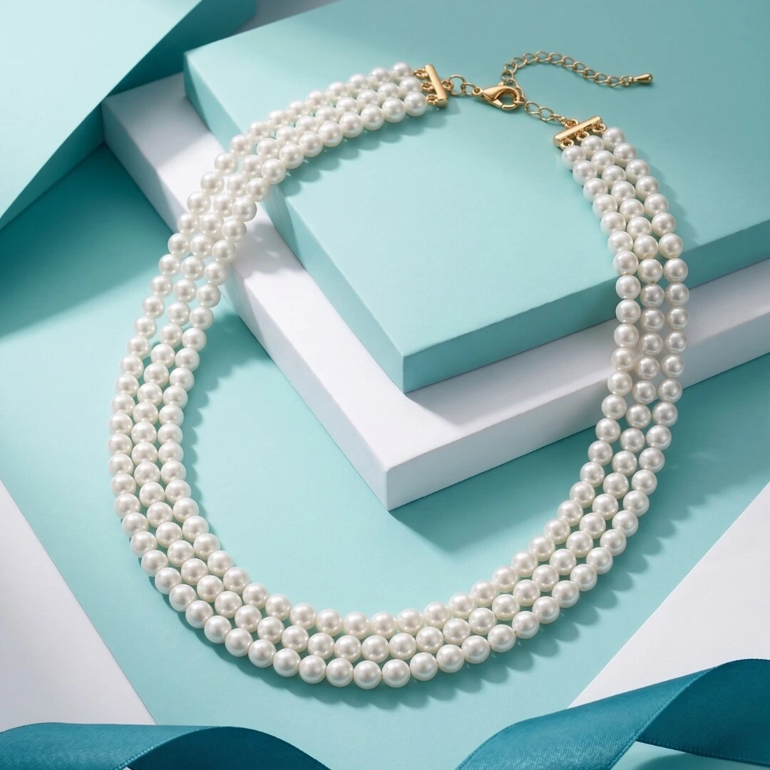 Foto Colar 4 Fileiras Pérola Shell | Banho de Ouro 18k | 45+10cm Extensor